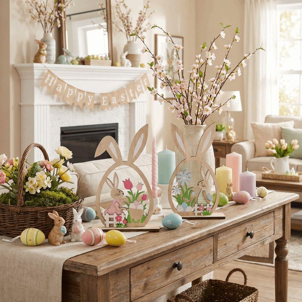 2Pcs Hand-Painted Easter Bunny Ornament Farmhouse Rustic Flower Easter Table Decor DIY Bunny Desktop Decorative Holiday Easter