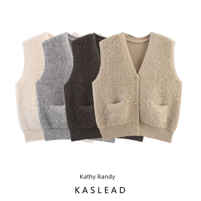 Kaslead New Women clothes Western Style Towel Knitted Classic Style V-neck Pocket Cardigan sweater Vest Vest