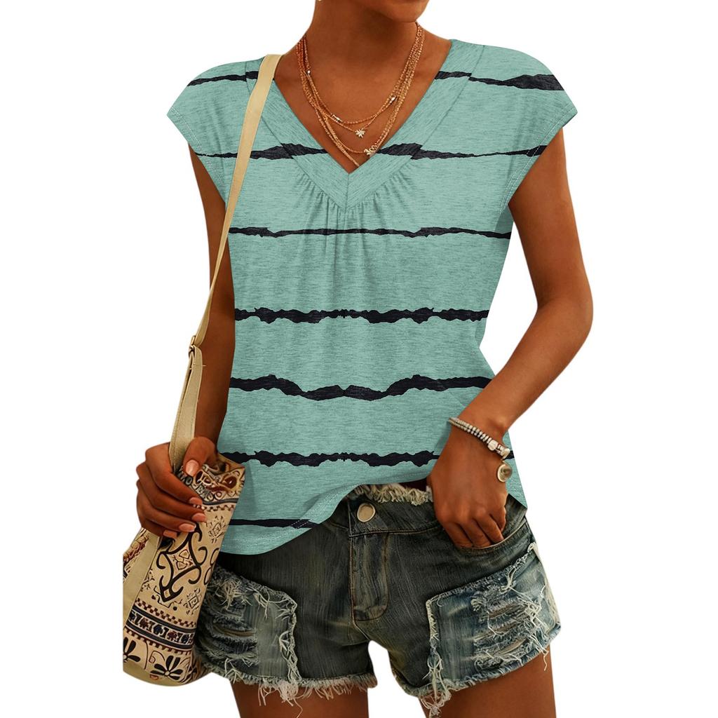 Damen Mode V-Ausschnitt Gestreifter Print Kurzarm Top