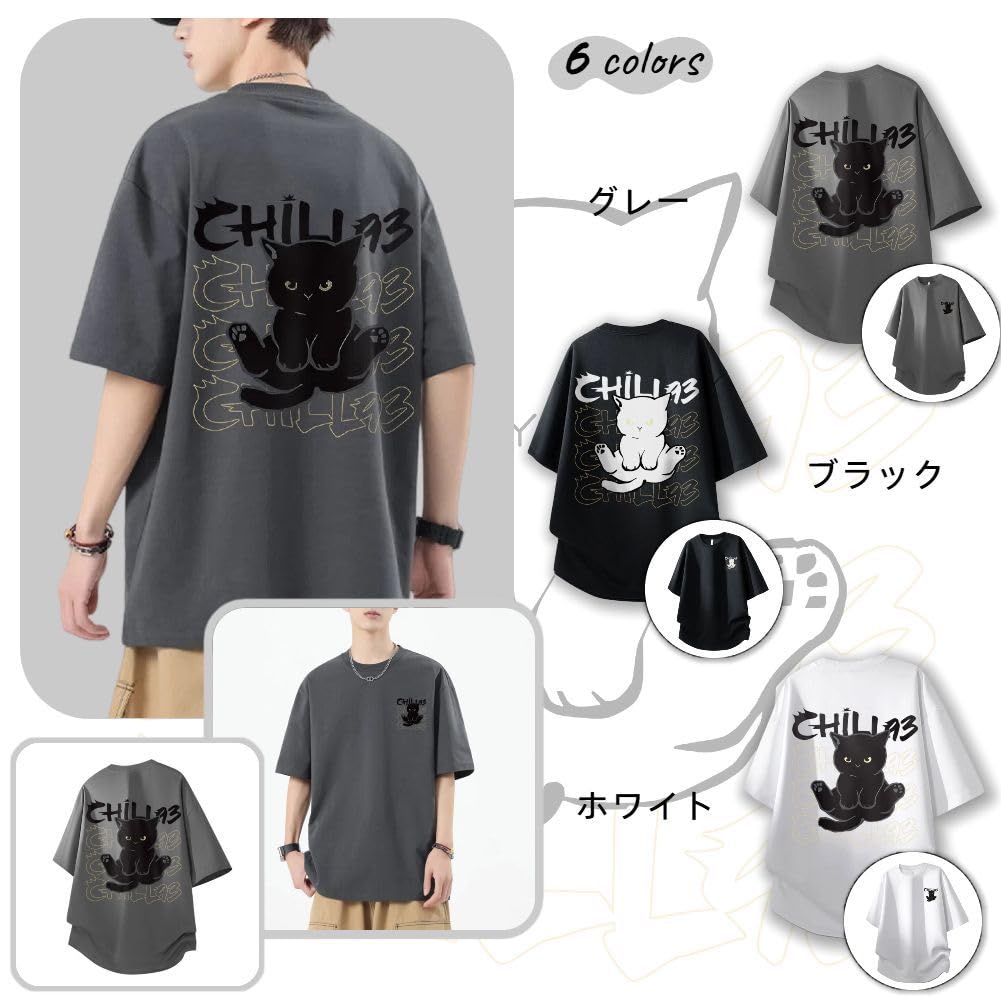 [Liaziong] Summer T-Shirt for Men, Short Sleeve, 100% Cotton, Plus Sizes, Cute Cat Print, Crew Neck, Half Sleeve Top - Gray - 2XL