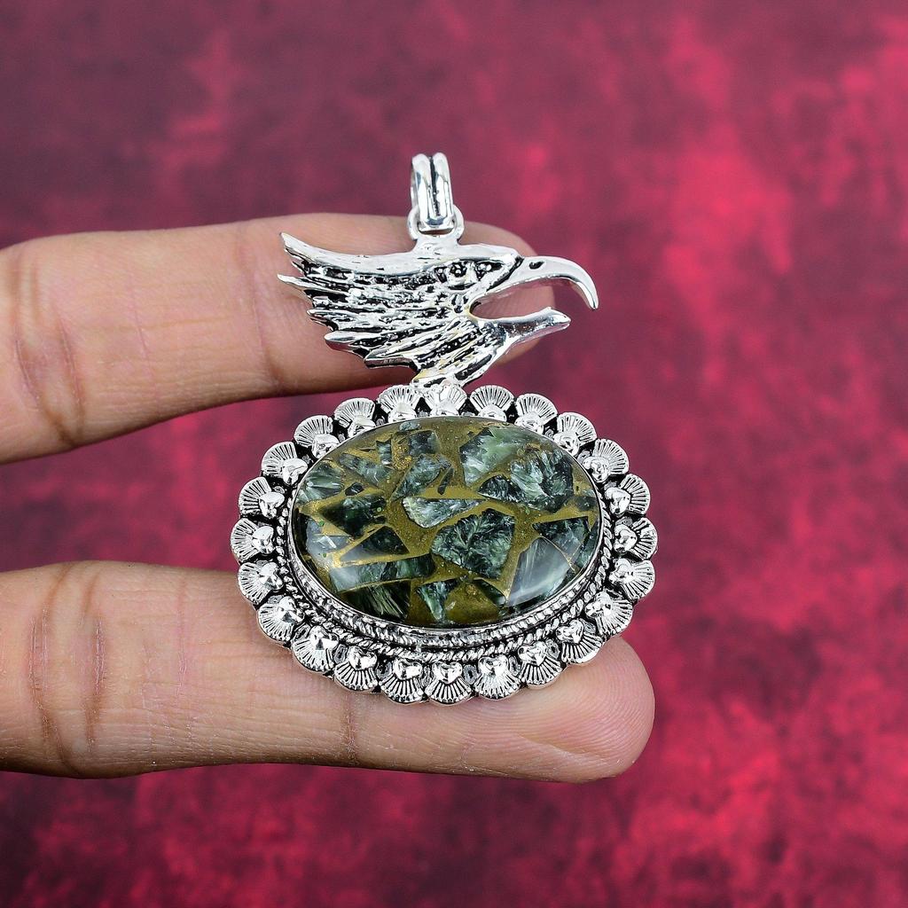 Copper Seraphinite Pendant, 925 Solid Sterling Silver Gemstone Jewelry, Handmade Pendant, For Thanksgiving