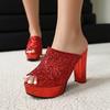 Plus Size Glitter Fabric Upper Super High Thick Heel Peep Toe Slippers Platform Blinding Sparkling Fashion Slippers