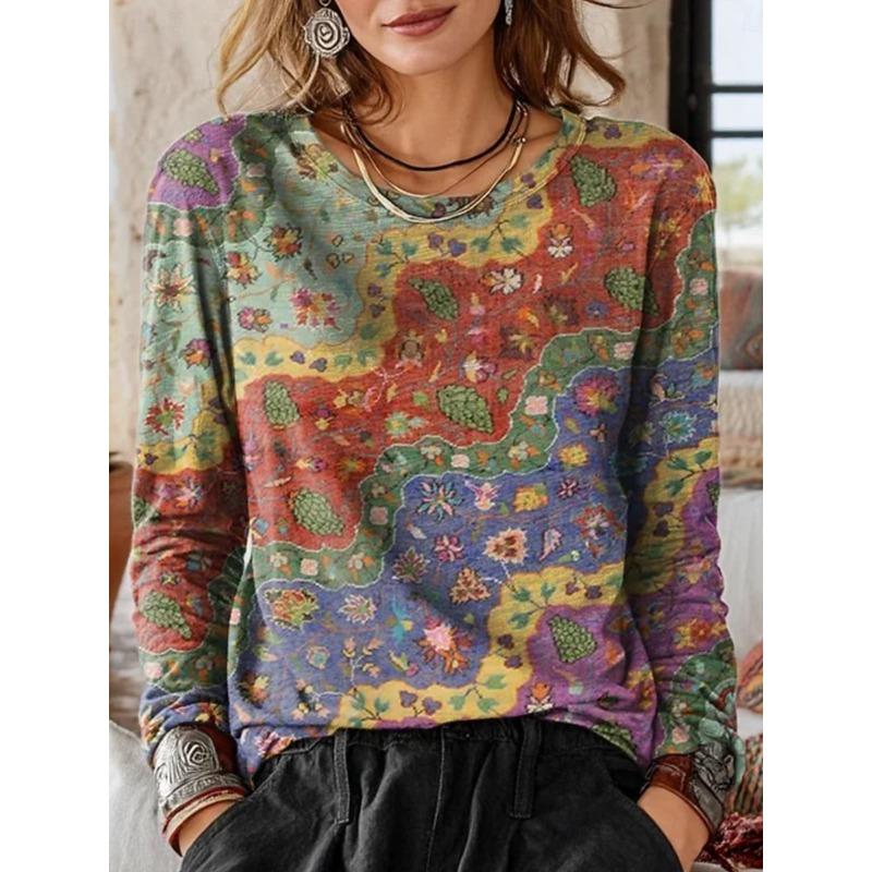 Women's T Shirt Print Graphic Geometric Paisley Fashion Casual Long Sleeve Crew Neck Regular Tops