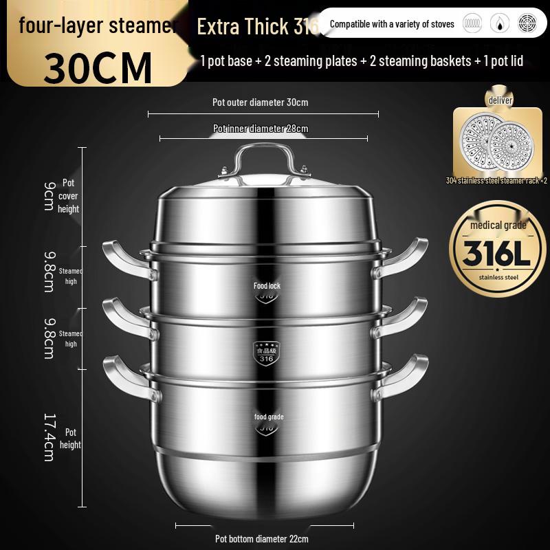 Tall and Thick 316 Stainless Steel Multi-Layer Steamer Pot with Integrated Molding and Food-Grade Steaming Basket