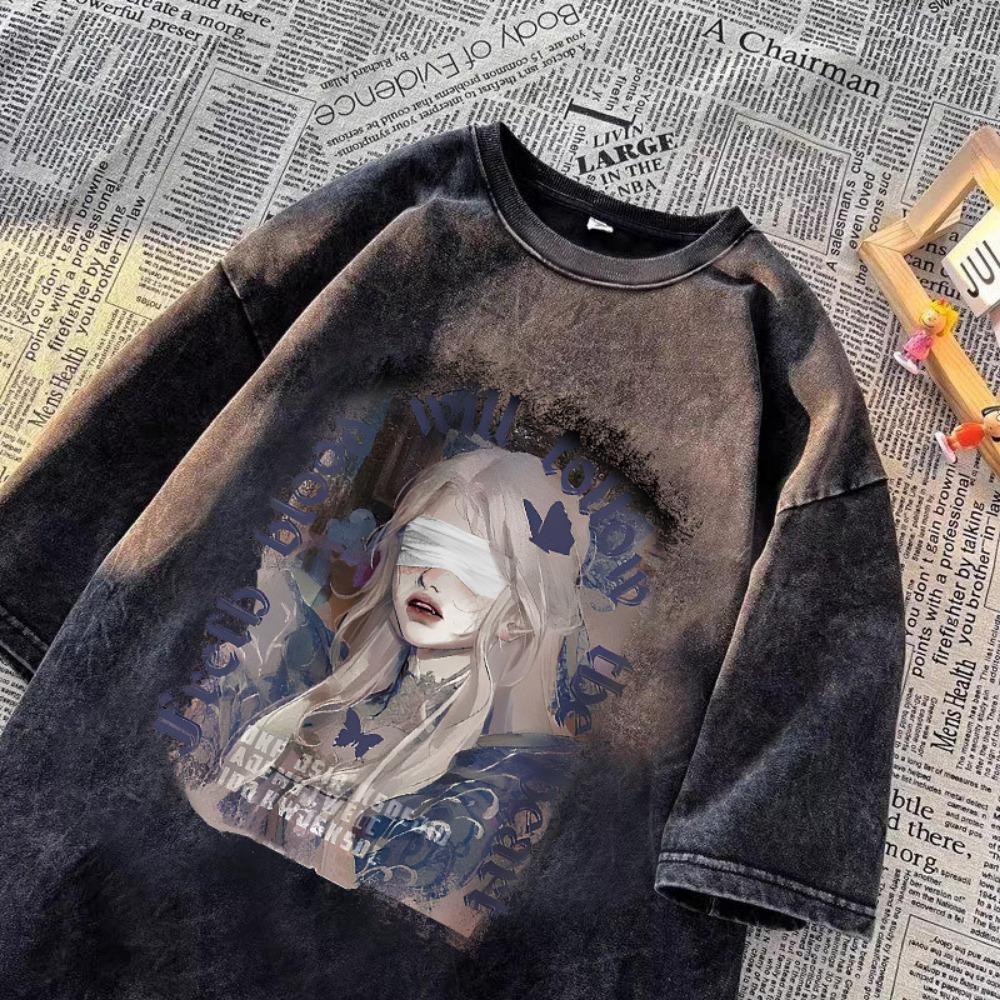 Vintage Anime Blindfold Girl Print T-Shirt Dark Grunge Aesthetic Butterfly Oversized Tee Gothic Short Sleeve Shirt S