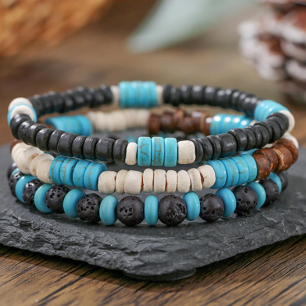 Multi-layer Stacked Bracelet Set, Retro Men's African Turquoise Wood Bead Bracelet.