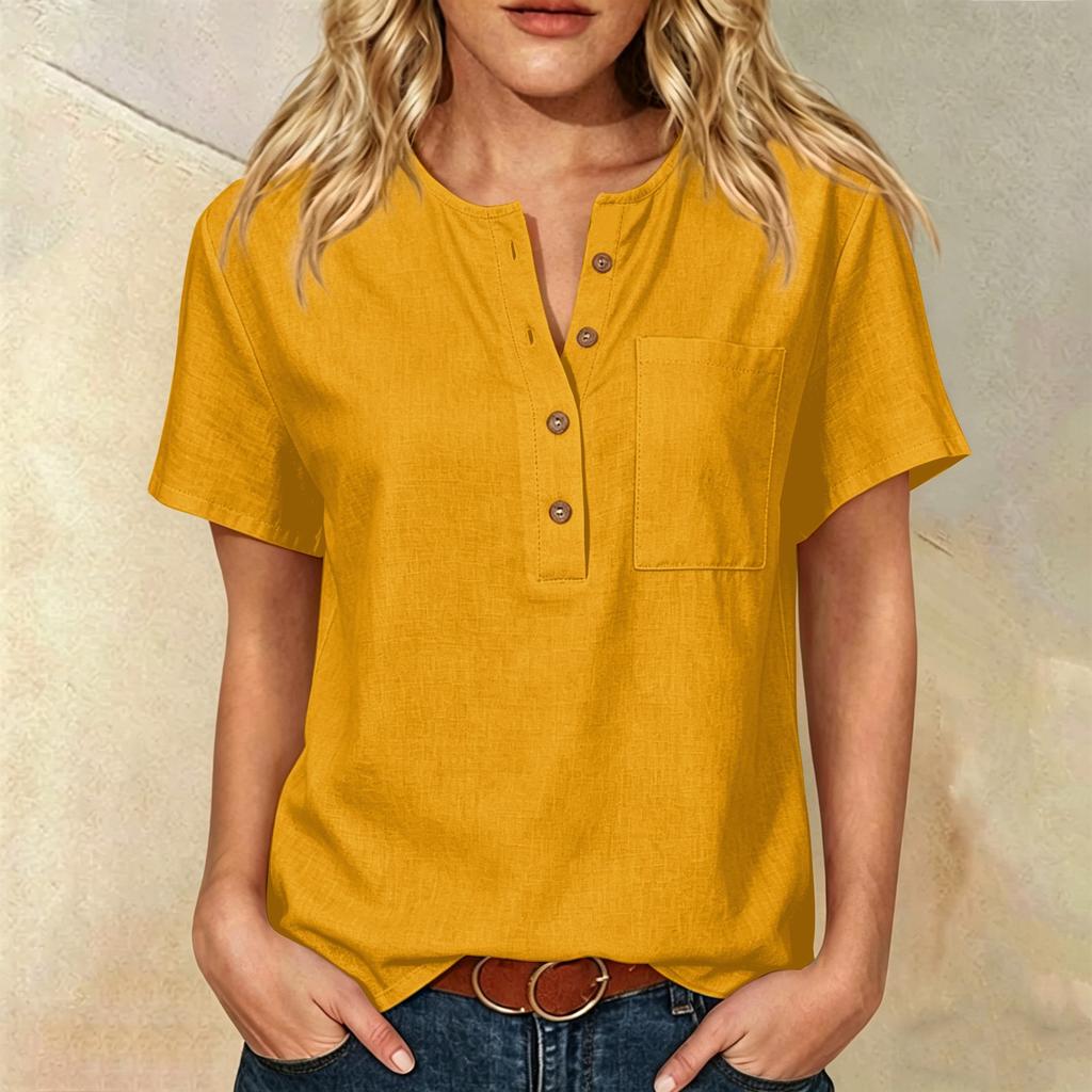 Women Henley Button Neck Short Sleeve Cotton Linen Shirt with Chest Pocket Relaxed Fit Casual Top for Everyday Wear