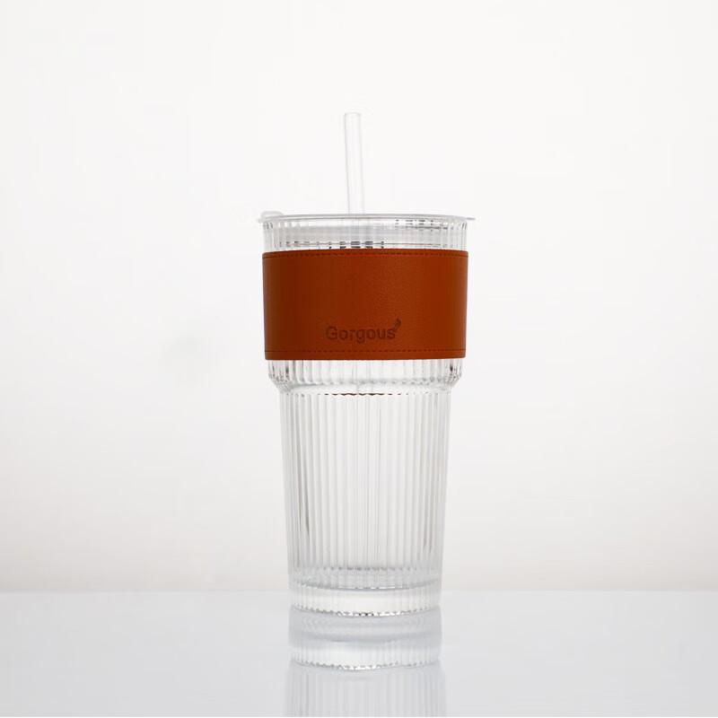 A59 Striped Heat-Resistant Glass Cup with Lid and Straw
