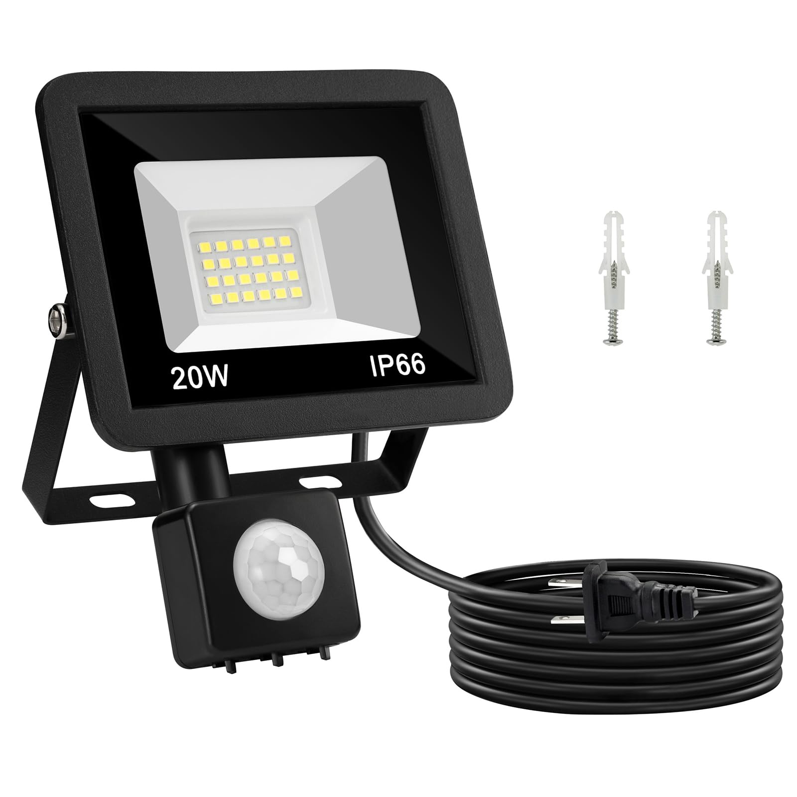 

ANOTEK Наружный датчик света, совместимый с розеткой, водонепроницаемый IP66, 20 Вт светодиодный прожектор, освещение с датчиком движения, охранный свет, свет для розетки, коридор