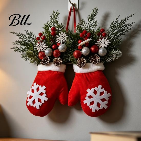 Festive Glove Shaped Decor Christmas Mitten Door Hanger, Red White Ornament with Pine Cone Berries, Party Decorations Fabric Holiday Wall for