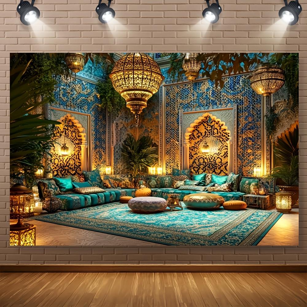 An Elegant Moroccan Lantern Scene Background - Polyester Fiber, Multi-functional, with Complex Blue, Gold and White Patterns
