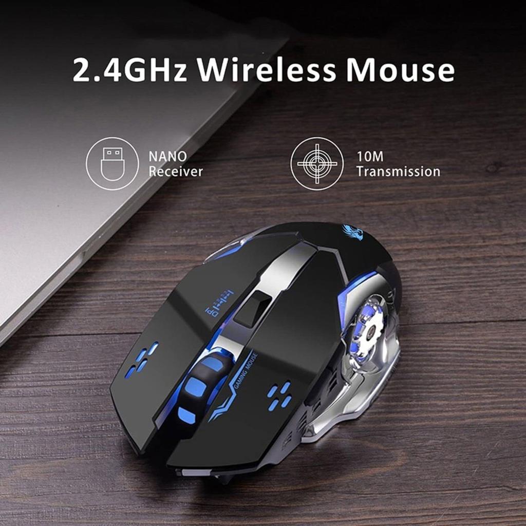 Wireless Rechargeable Gaming Mouse, 2.4G USB LED Optical Wireless Silent Mouse, Automatic Sleep, Ergonomic Handle, 3 Adjustable DPI for Mac/PC/Laptop