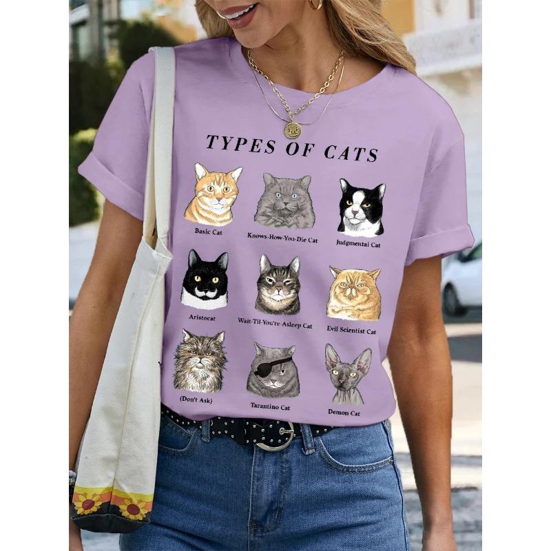 Letnie T-shirty damskie z okrągłym dekoltem i modnym nadrukiem 3D kota z krótkim rękawem