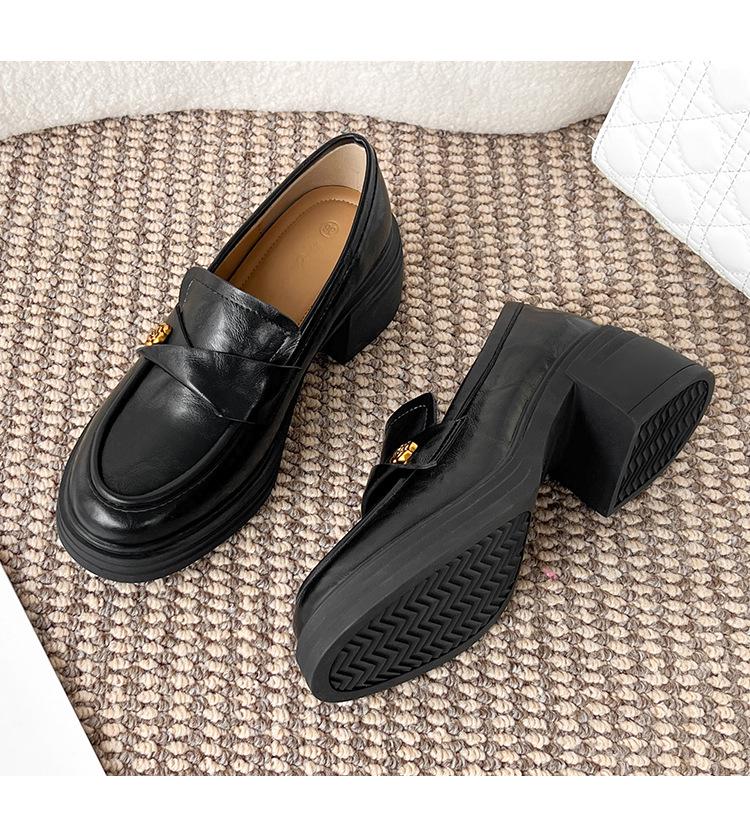 Women's Sheepskin Camellia Chunky Heel Loafers - High Platform Black with Gold Buckle (Height Increasing, Autumn/Winter 2025 Collection)