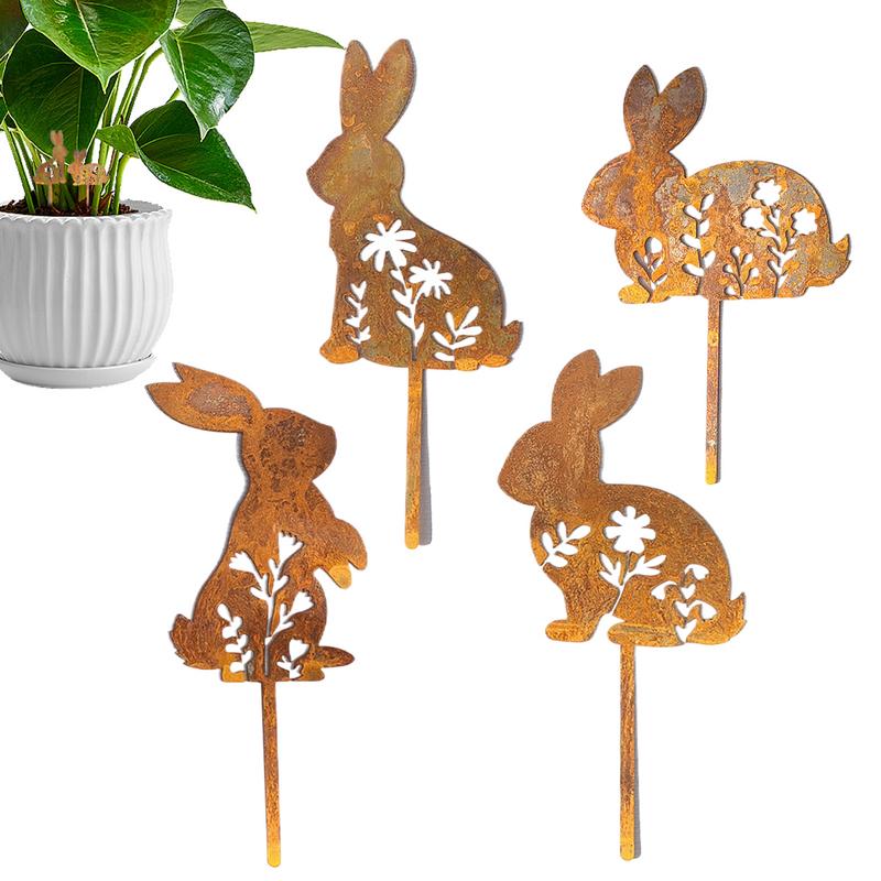 Iron Art Easter Bunny Garden Stakes Easter Rabbit Silhouette Set Rusty Animal Garden Flower Pot Grass Plug-in Decoration