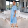 Women's Bohemian Long Dress Deep V Neck Puff Short Sleeve Swing Dress Summer Tiered Flowy A Line Midi Dress