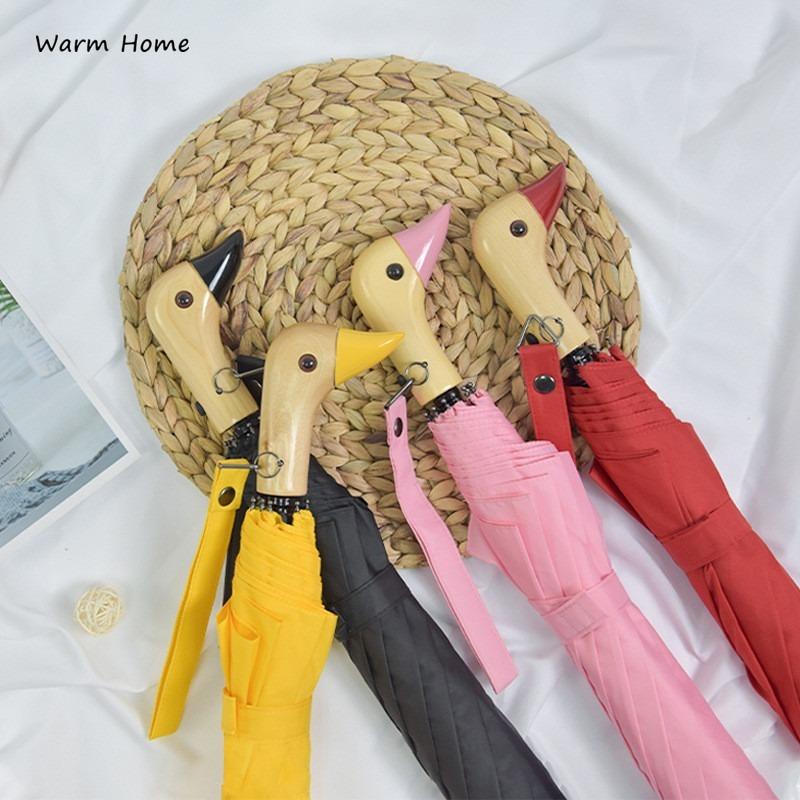 Paraguas Plegable Automático con Mango de Madera de Pato Lindo Anti-UV a Prueba de Viento Recubrimiento Negro Dama Portátil Sombrilla de Sol Paraguas Academia