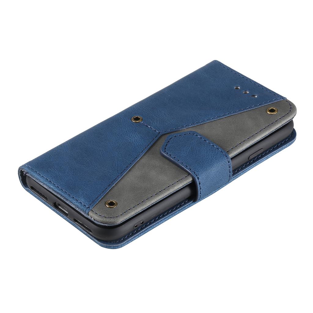 For iPhone 16e Leather Case Splicing Stitching Wallet Phone Cover with Wrist Strap