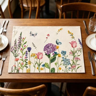 5Pcs Floral Linen Placemats Cute Bunny Hummingbird Farmhouse Placemats Machine Washable Table Protection Mats for Home Dining Wedding Party