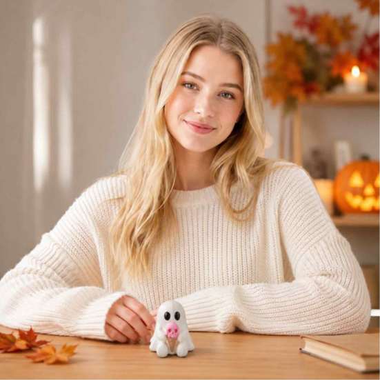 Decorative Figurine for Bookshelf Ice Cream Ghost Resin Figurine, Cute Spooky Desk Decor Miniature Statue Home, Soft Summer Halloween Ornament,