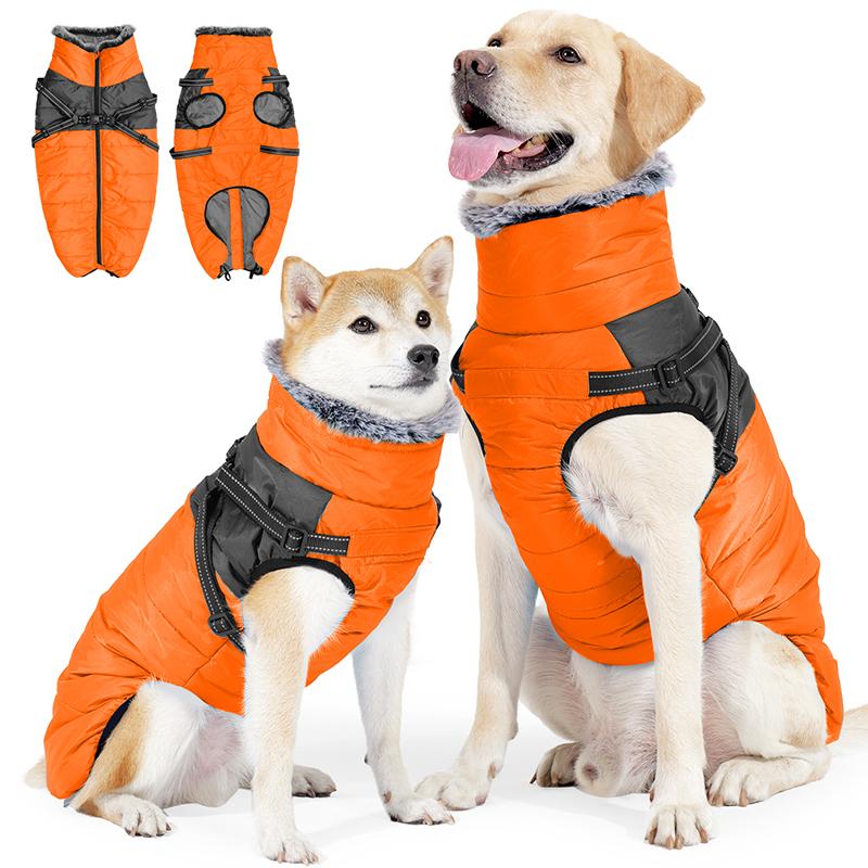Winter Winddichte Hoher Kragen Flauschige Hundejacke Reflektierend Abschleppbar Outdoor Laufen Haustier Baumwollmantel mit Reißverschluss Designer Hundekleidung