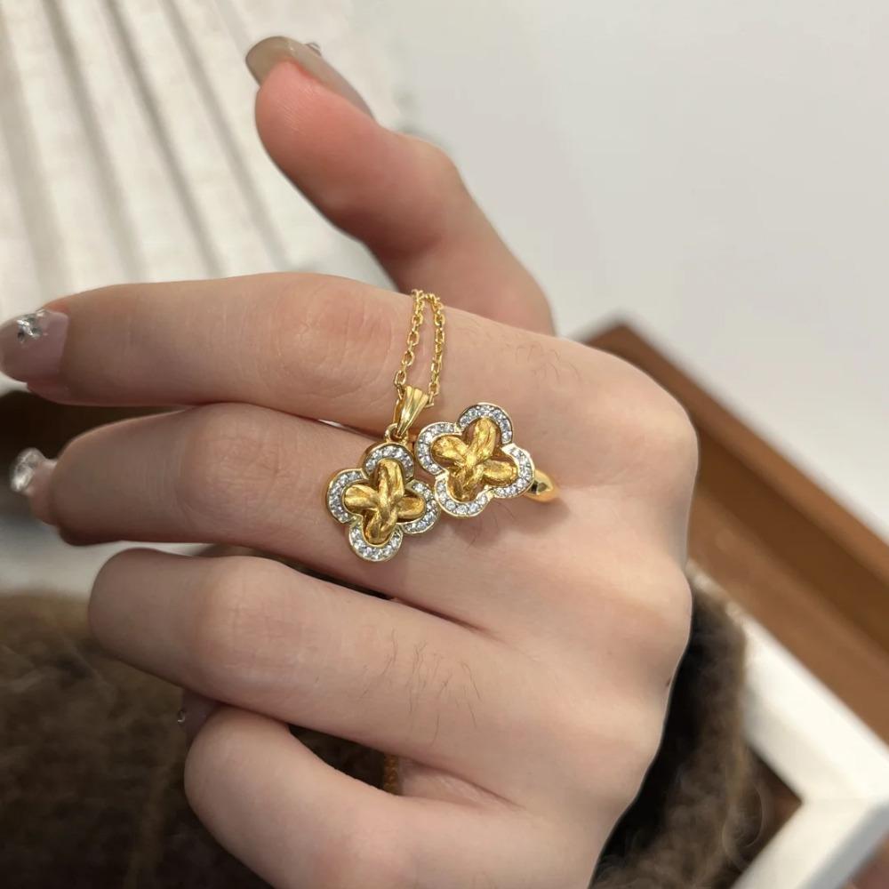 Vintage French Jewelry Set for Women Brushed Vine Clover Ring Diamond Pendant Necklace Flower Earrings