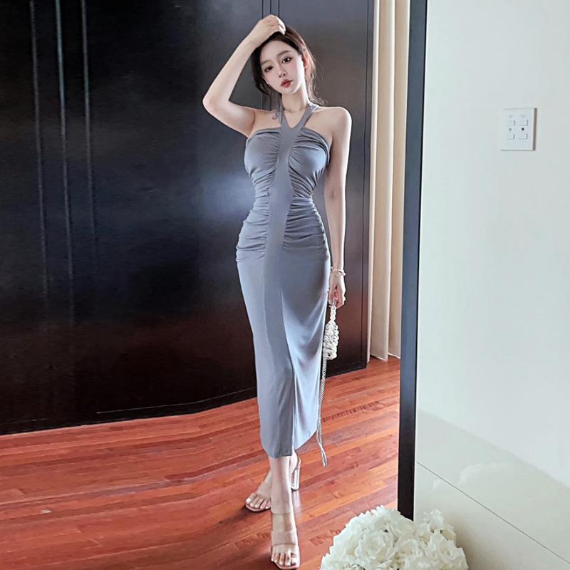 Women's French temperament neck halter pleated slim dress