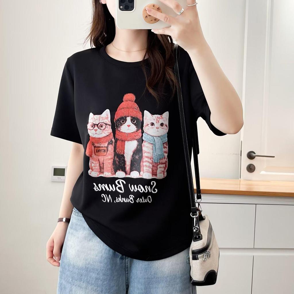 2026 Summer Korean Style Loose Fit Cartoon Cat Print Plus Size Pullover T-shirt for Women