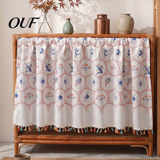 Watercolor Botanical Curtains Wildflowers Blossom Oven Skirt, Floral Valance Curtain with Colorful Tassels, Rod Pocket, Farmhouse Cabinet Stove Skirt