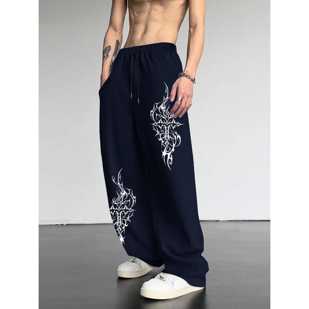 Men's Fashionable Casual Loose Wide Leg Pants with Totem Print Design, Street Hip-hop Style Hanging Sports Pants, Casual Outdoor
