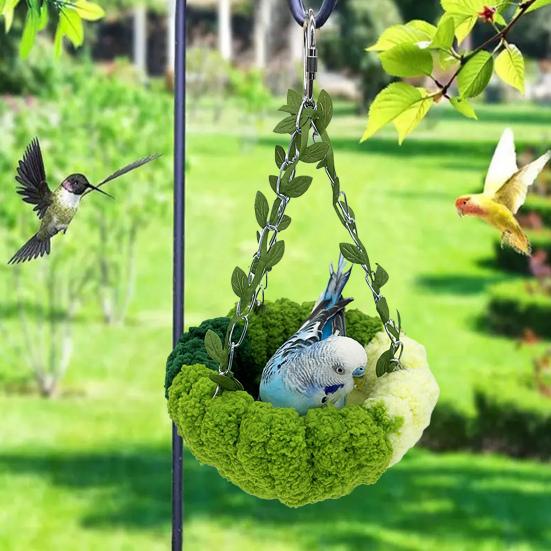 Hanging Parrot Nest Birdcage Plush Birds Bed with Leaves Hook Indoor Green Breeding Nest for Parakeet Conure Budgie Cockatiel Lovebird