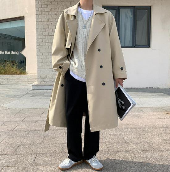 Men's Double-Breasted Mid-Length Windbreaker – Casual Trendy Solid Color Hong Kong Style Outerwear