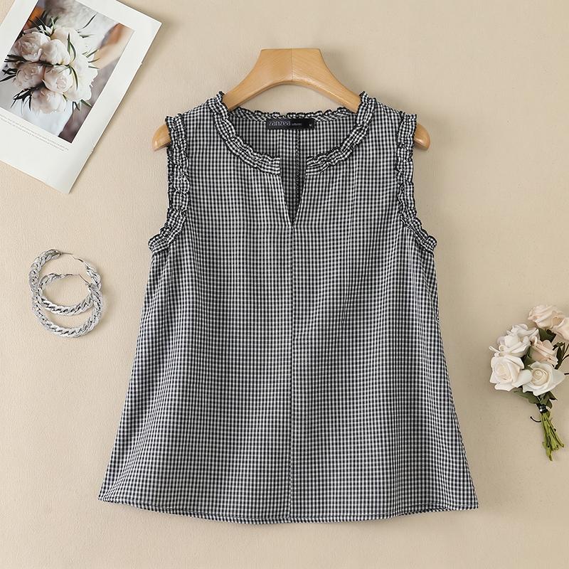 ZANZEA Women Casual V-Neck Plaid Print Loose Sleeveless Tank Tops M