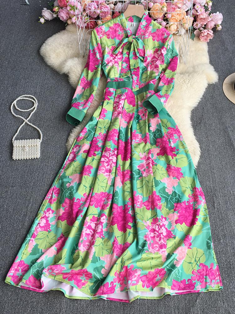 

Новое весеннее платье с цветочным принтом, женское повседневное платье со шнуровкой, длинным рукавом и высокой талией, элегантное тонкое платье трапециевидной формы