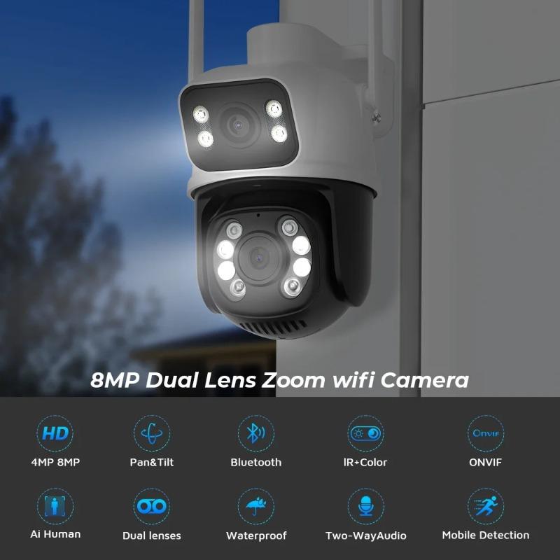 EU Plug 8MP PTZ Wifi Camera Outdoor Night Vision Dual Screen Human Detection 4MP Security Protection CCTV Surveillance IP Camera