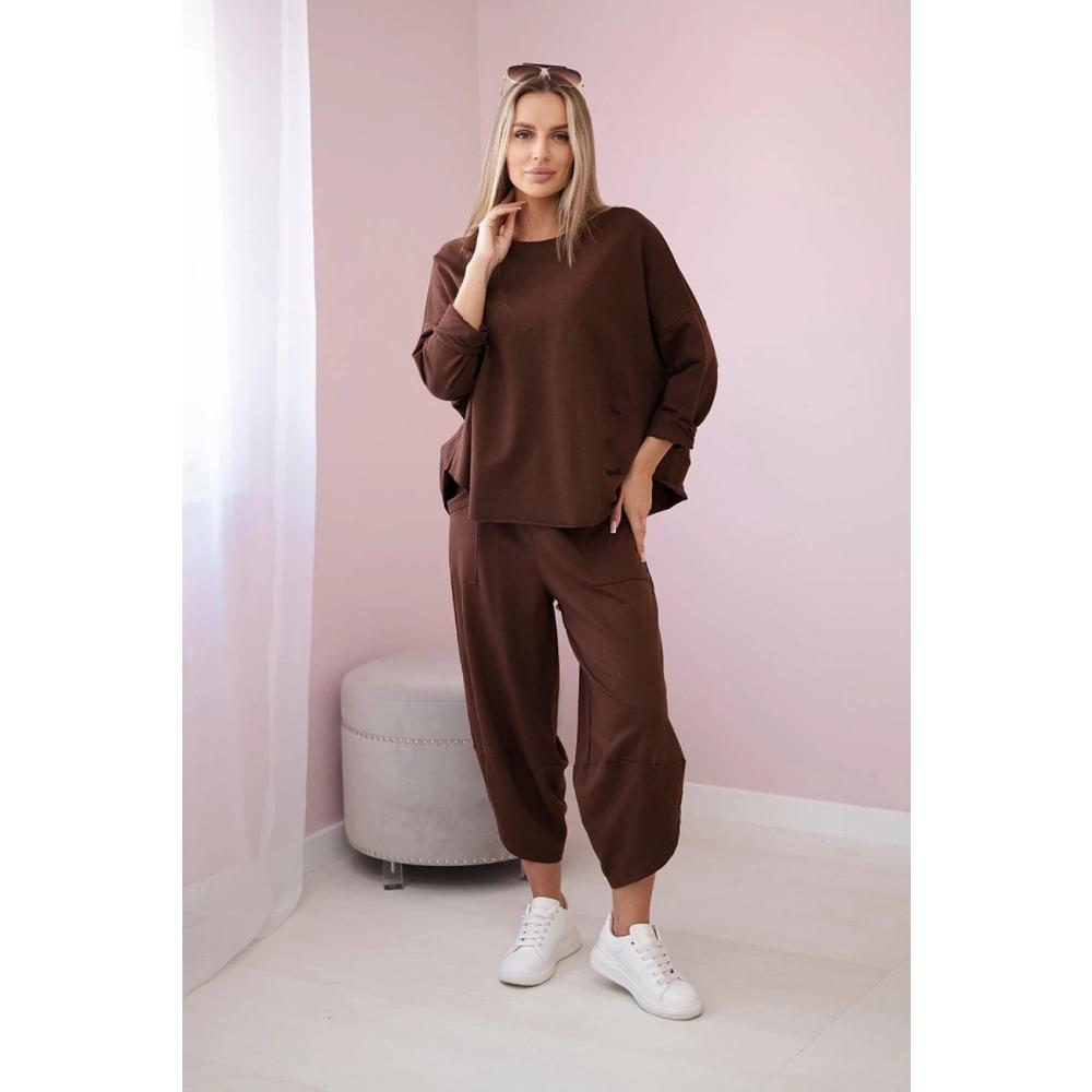 

Новый весенне-осенний повседневный свободный комплект из свитшота с круглым вырезом и длинными рукавами и длинных брюк для женщин S кофейный