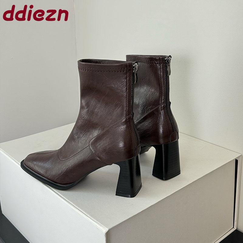 Fashion Female 6CM Heels Footwear Ladies Ankle Modern Boots Square Toe Fashion Zippers Women Stretch Short Boots Pumps Shoes New
