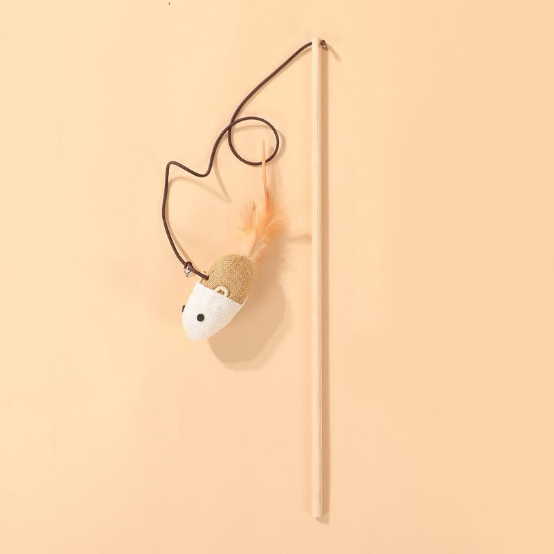 Interactive Gray/White Linen Mouse Cat Wand with Wooden Rod and Handle