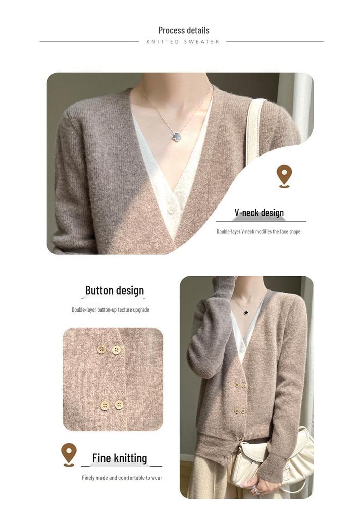 2025 Autumn/Winter V-Neck Wool Cashmere Women's Two-Piece Knit Base Layer Sweater Jacket
