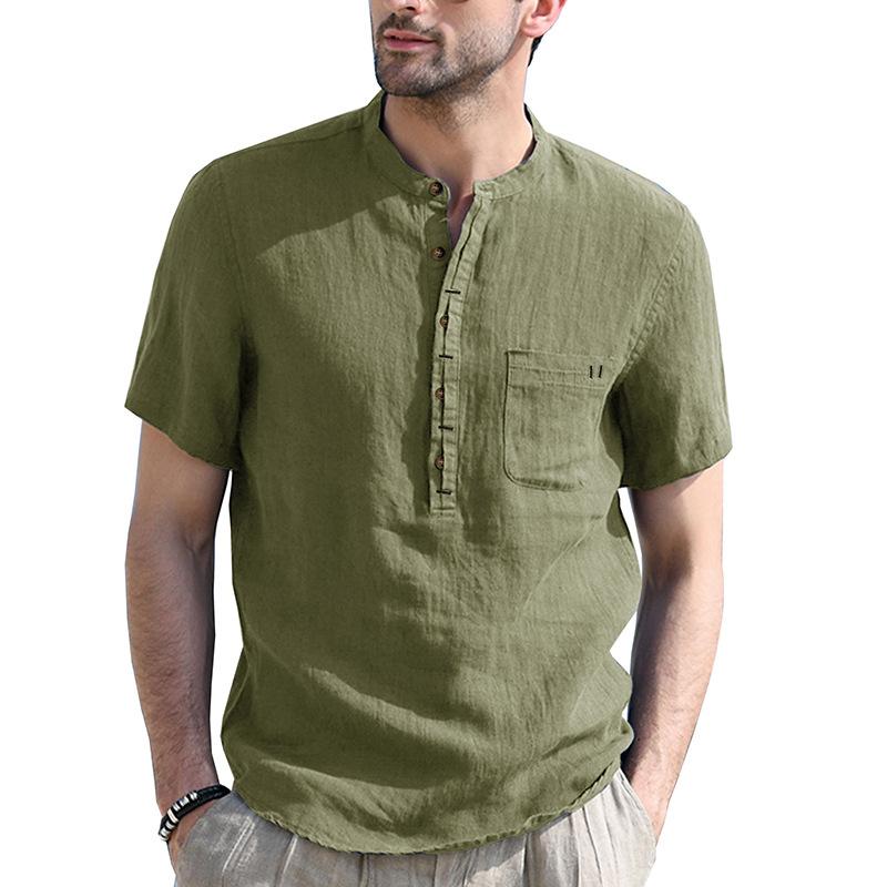 

New Summer Casual Shirts Men Cotton Linen Short Sleeve Mens Solid Color Blouse Fashion Stand Collar Streetwear Vintage Shirt Man S