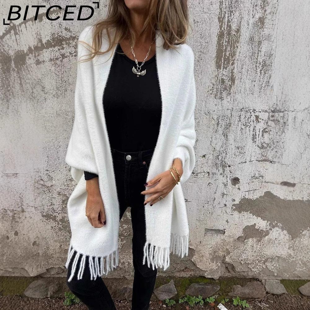 BITCED Autumn and Winter Women's Imitation Mink Velvet Cape Tassel Shawl Solid Colour Thickened Warm Bat