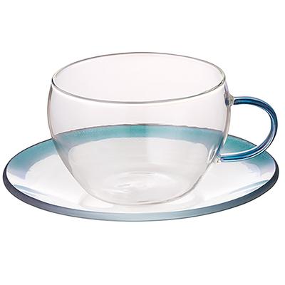 Otsuka Glass "Sanctuary" Tassen- und Untertassenset, Hitzebeständiges Glas, Ca. 280 ml, Blau, Transparent, Mikrowellengeeignet, Hergestellt in Japan, 49L021