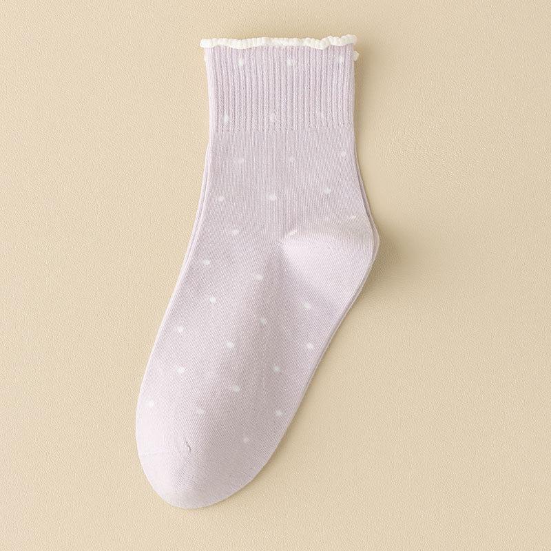 Black Fungus Lace Socks for Women, Spring and Autumn Style, Pile Socks, Cotton Socks, Summer Polka Dot Roll, Boneless Mid-calf Socks