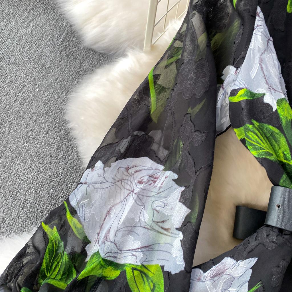 Francuski Styl Wakacyjny Super Wróżkowy Nadruk Klapa Długi Rękaw Sukienka Damska Wiosna Jesień Jednorzędowa Talia Rozkloszowana Elegancka