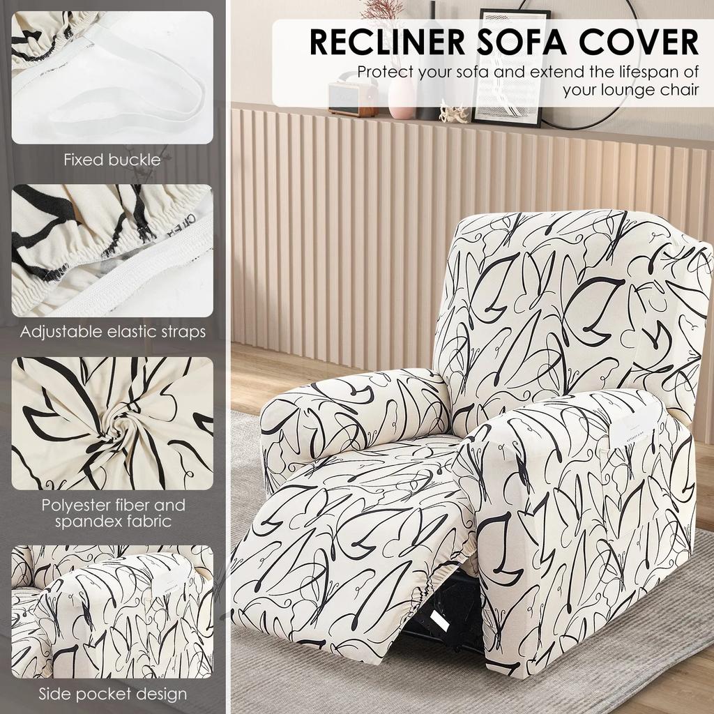 4Pcs Elastic Recliner Sofa Cover Printed Stretch Recliner Slipcovers with Side Pockets Non Slip Sofa Slipcovers for Living Room
