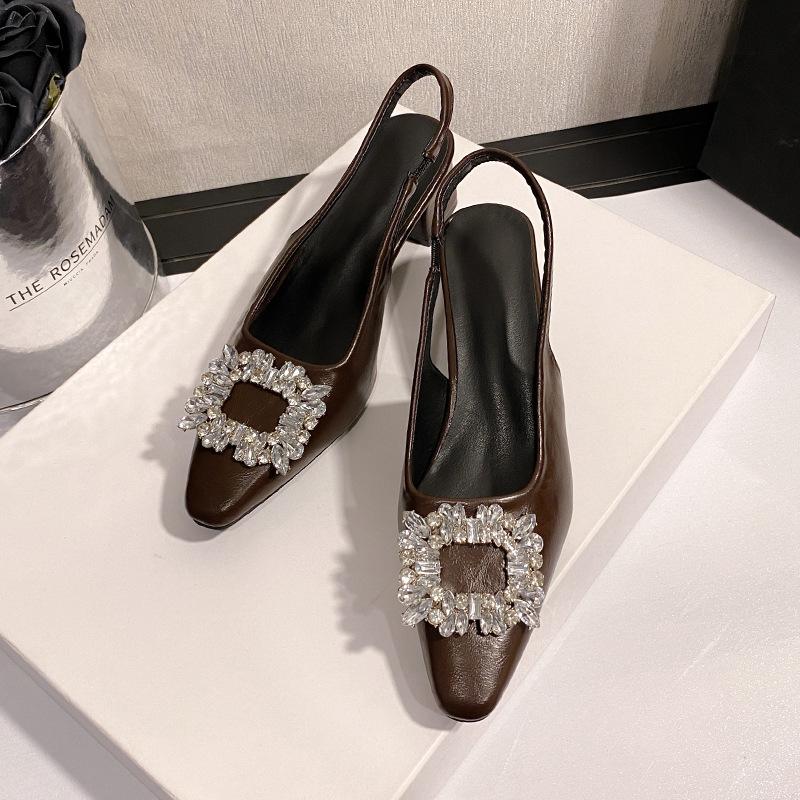 Rhinestone Baotou Summer New Square Head Back Empty Pedal Mary Jane Middle Heel Sandals