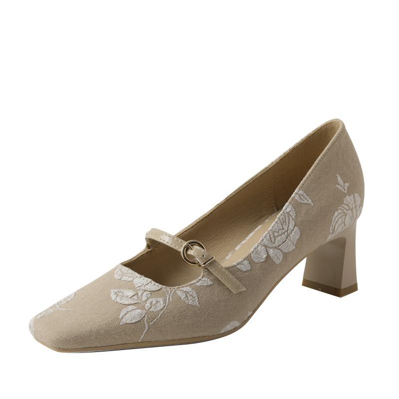 Bestickte Schaffell-High Heels für Damen, Frühling/Sommer, neue Modelle mit eckiger Spitze und dickem Absatz