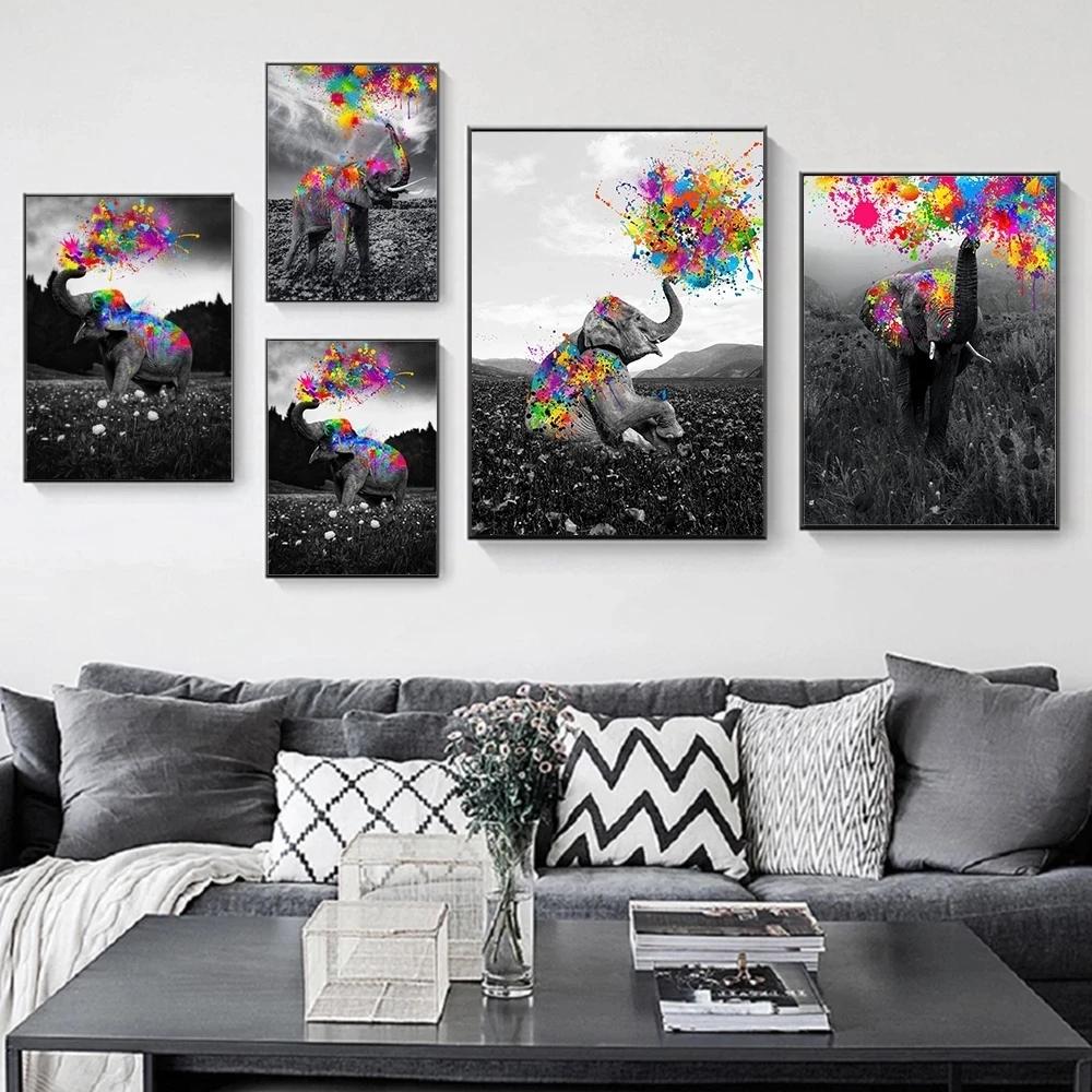 Graffiti-Elefant, der Regenbogen sprüht, Leinwandgemälde, Tierposter und Drucke, moderne Wandkunst für Wohnzimmer, Heimdekoration