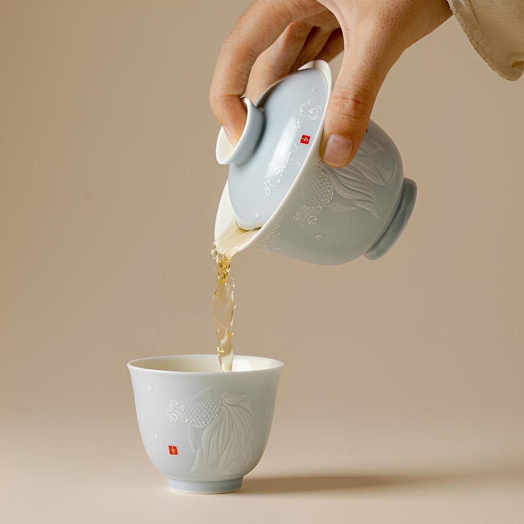 Dehua Ore Color Glaze White Fish Ceramic Gaiwan Tea Set - Thin Porcelain Kung Fu Tea Brewing Bowl