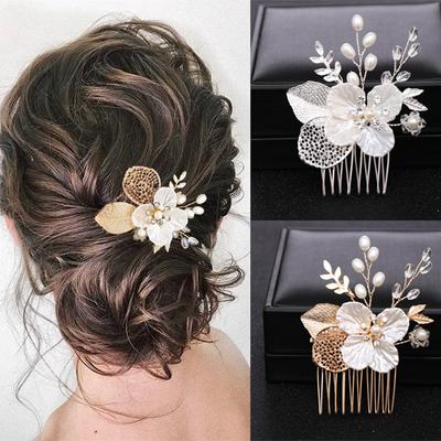 Gold Or Silver Pearl Flower Leaf Crystal Hair Comb Pin Band  For Women Bride Wedding Bridal Hair Accessories Jewelry Comb Gift